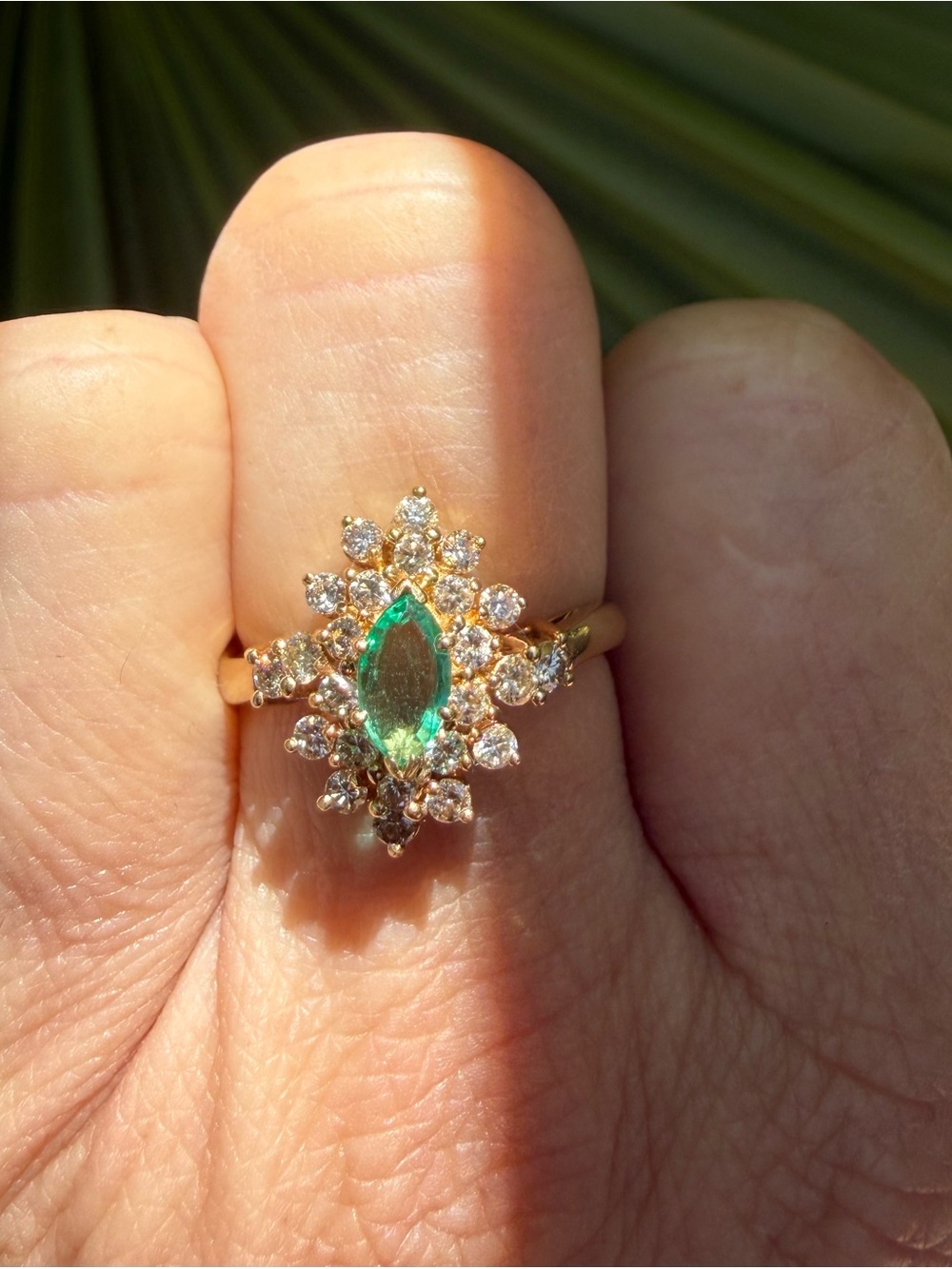 14k solid yellow gold natural marquis emerald and diamond halo ring